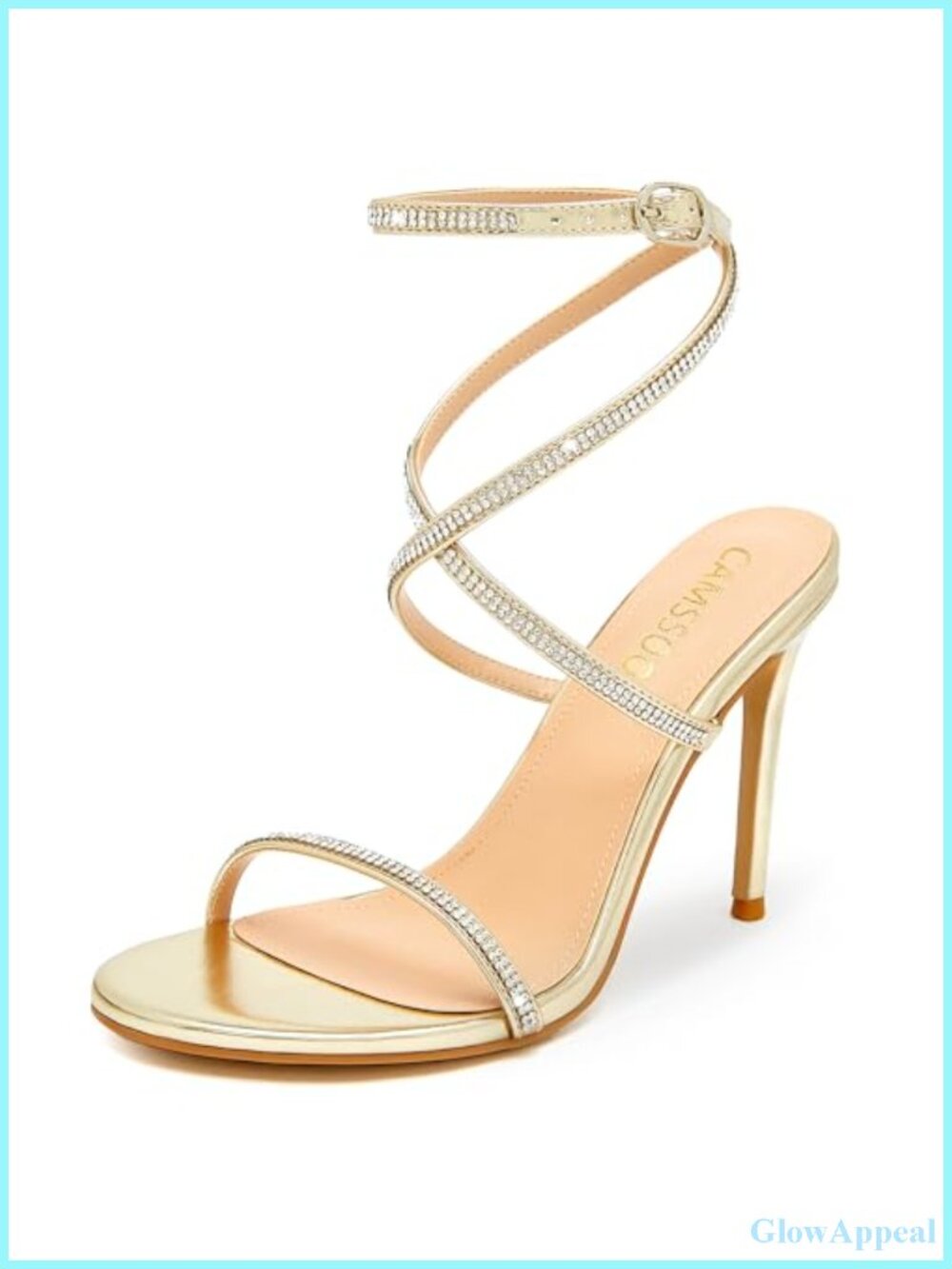 CAMSSOO Women's Rhinestone Strappy Stiletto Heels Faux Leather Sandals